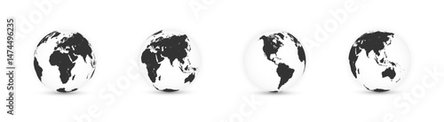 Globe black continents silhouette vector collection. Black continent silhouettes on globes