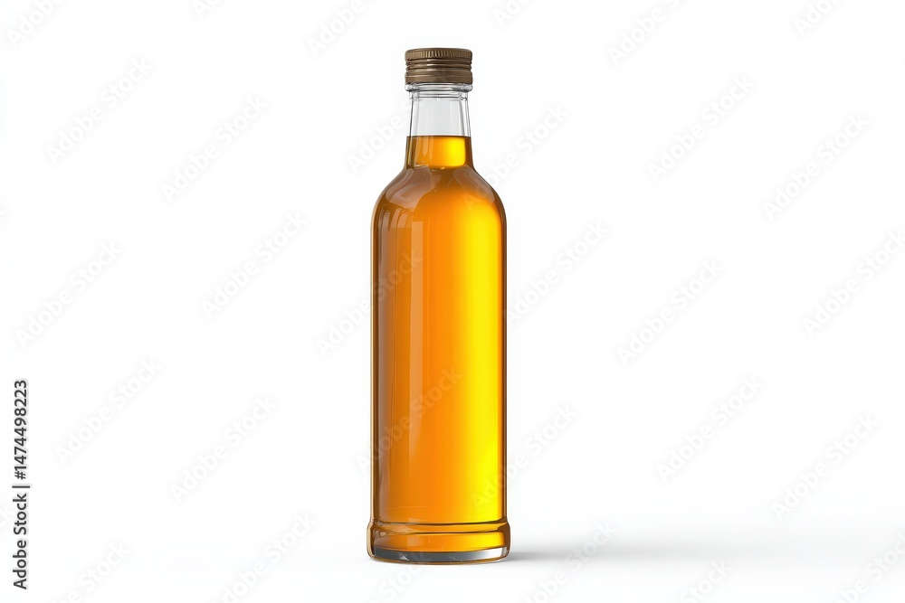 Amber liquid in a clear glass bottle against a white background. Amber liquid in a clear glass bottle against a white background.