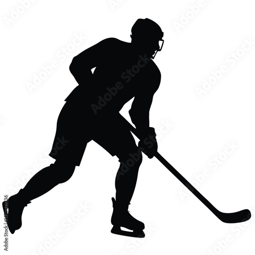 Hockey player silhouette skates with stick in hand, wearing a helmet and shoulder pads
