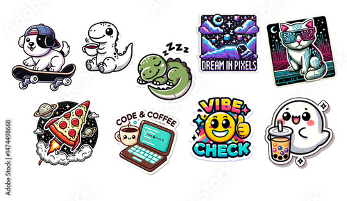 Cute Cartoon Sticker Pack – Dinosaurs, Boba, Pizza Rocket, Code & Coffee, Kawaii Vibes
