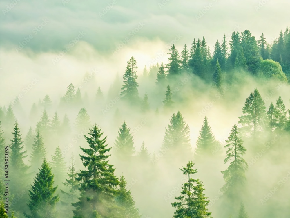 Fototapeta premium Enchanting Misty Fir Forest: Majestic Trees in Foggy Landscape - Stock Photo