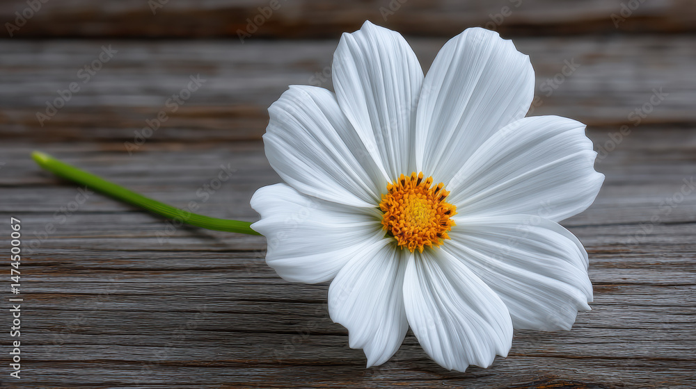 Fototapeta premium A beautiful white cosmos flower with a bright yellow center rests gently upon a rustic wooden surface, its delicate petals creating a serene and natural still life.