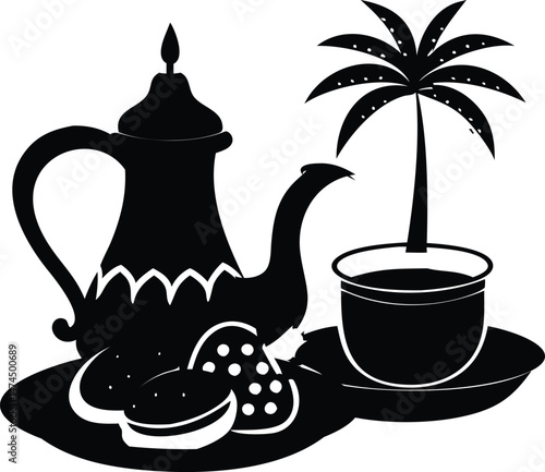 Arabic Coffee Pot Teacup Dates Palm Tree Silhouette Illustration