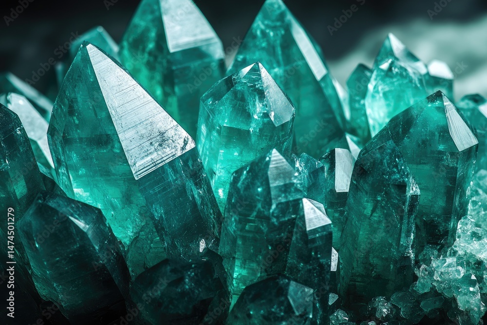 Emerald-green crystals cluster closely. Sharp facets gleam Emerald-green crystals cluster closely. Sharp facets gleam