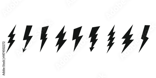 Set of ten lightning bolt vector icons, electric discharge symbol, power sign
