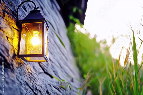 Beautiful lantern illuminates rustic wall, surrounded by lush greenery, creating warm and inviting atmosphere