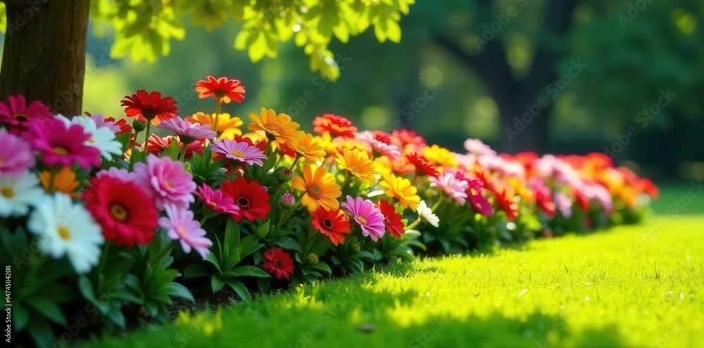 Sunlit, rectangular flowerbed bursting with colorful flowers, manicured lawn , flowers, garden, multicolored Sunlit, rectangular flowerbed bursting with colorful flowers, manicured lawn , flowers, garden, multicolored