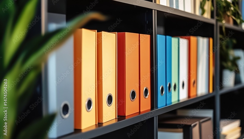 Colorful file folders on black shelves with plants and wooden desk in office. Colorful file folders on black shelves with plants and wooden desk in office.
