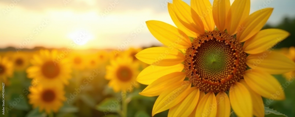 Fototapeta premium Sunlit sunflower close-up, brown disc, vibrant yellow petals; field background , brown, happiness