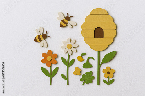 Sustainable agriculture concept with paper cut bees, beehive, and flowers showing eco friendly farming and pollination on white background