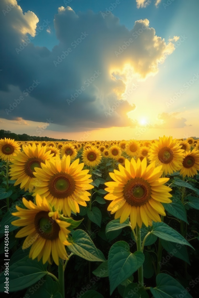 Fototapeta premium Sunlit sunflower field under dramatic cloudscape, horizon, photo