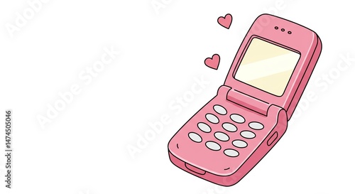 Y2K pink flip phone flat illustration with heart sticker