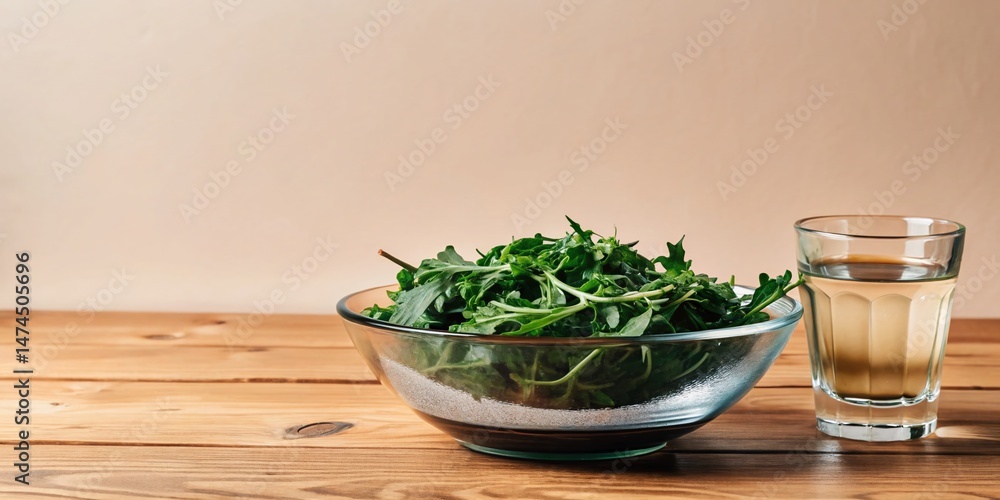 Fresh Arugula Salad with Water on Rustic Wooden Table - Antioxidant Healthy Food Fresh Arugula Salad with Water on Rustic Wooden Table - Antioxidant Healthy Food