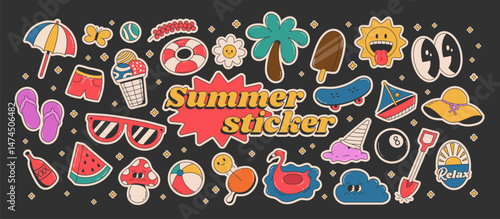 Cartoon groovy summer stickers 70s. Retro doodle character set graphic, beach toys, and vacation vibes. Isolated on black background.