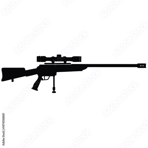 Isolated sniper rifle silhouette with bipod and optical scope is shown precisely