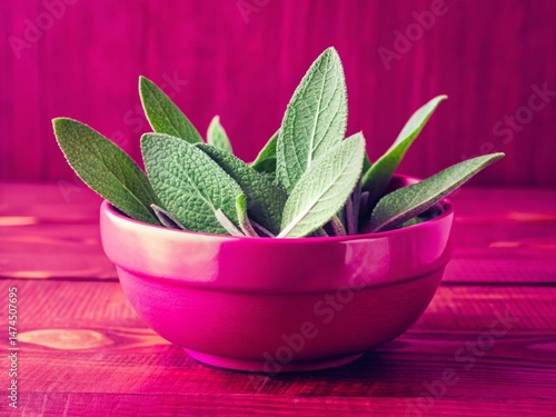 Fresh Sage Leaves in Rustic Ceramic Bowl on Wooden Table - Culinary Herb Still Life