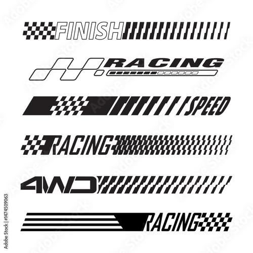 Set checkered flag designs, racing stripe speed, finish line motorsport, silhouettes text lines_2