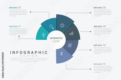 Modern minimalist elegant clean circular 6 steps editable infographic design template vector