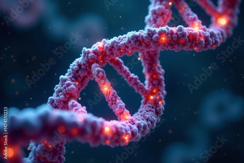 Close-up of a vibrant, intricate spiral-shaped chromosome with glowing DNA strands, medical, technology, abstract