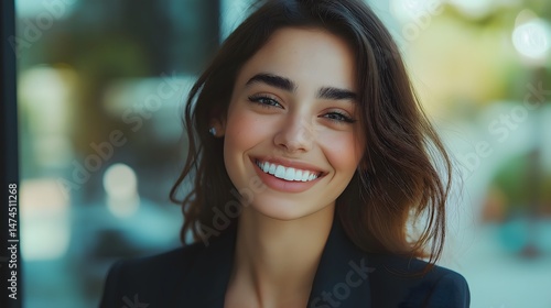 Wallpaper Mural Young professional woman in a blazer smiles confidently while standing outdoors in a bright urban environment during a sunny day Torontodigital.ca