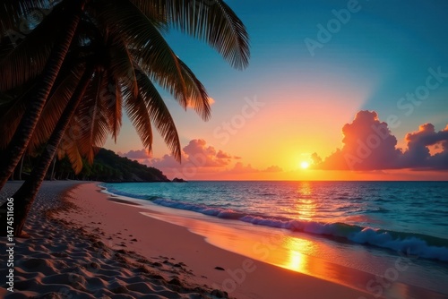 Sunset over pristine beach, palm trees sway gently, vacation, escape, landscape