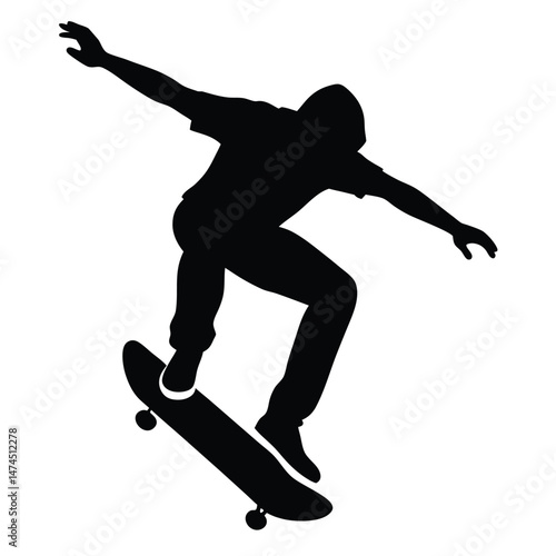 Silhouette depicts a skateboarding teenager executing a trick against a stark white background confidently