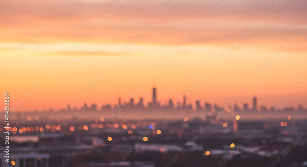 Naklejka premium Soft glowing hazy urban skyline silhouette with distant skyscrapers and blurred city lights, concept for travel, city life and metropolitan exploration