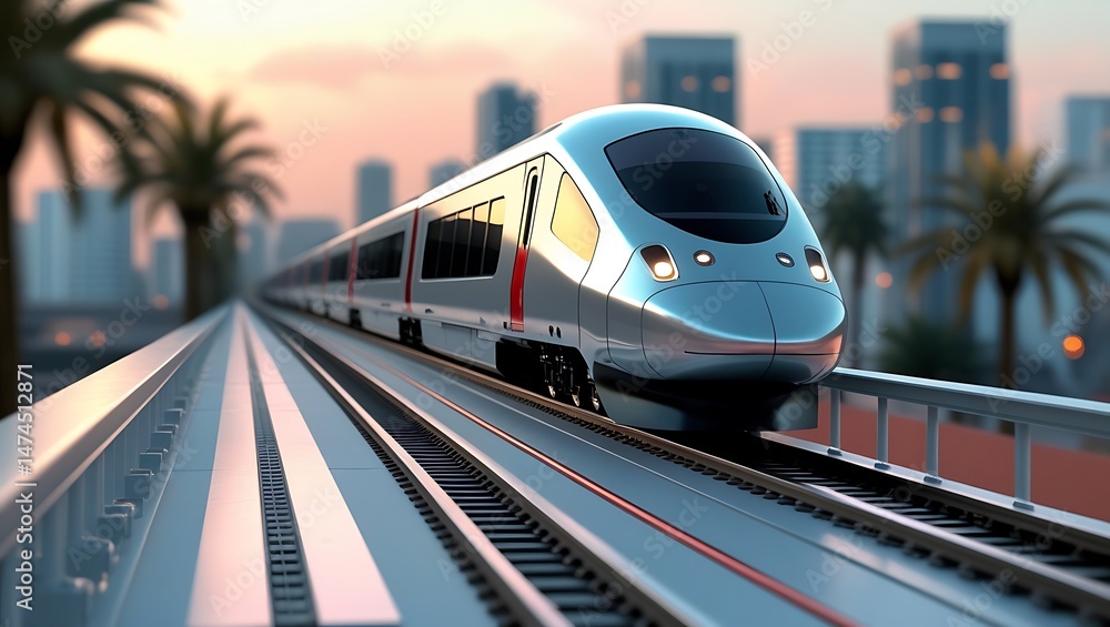Naklejka premium High-Speed Train on Elevated Tracks at Sunset – Modern Transportation Concept