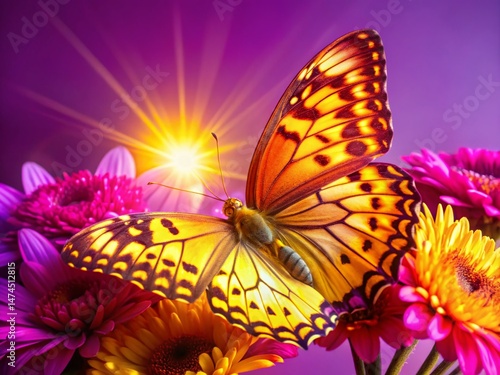 Golden Butterfly on Blooming Flowers, Magical Sunlight Macro Photography