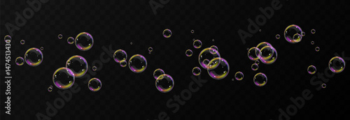 Vector realistic soap bubbles png. Flying soap bubbles on transparent background.