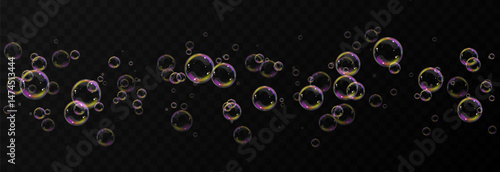 Vector realistic soap bubbles png. Flying soap bubbles on transparent background.