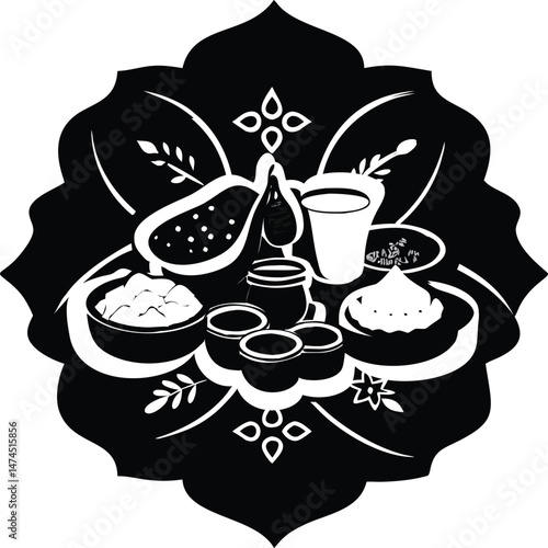 Black and White Illustration of Traditional Indian Food Platter