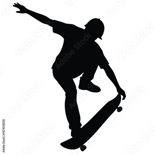 Silhouette shows a skateboarder doing an aerial trick with a casual stance and cap