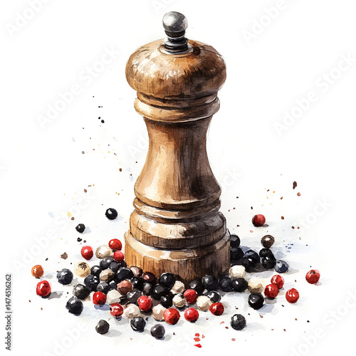 Pepper Mill Watercolor Clipart Bundle – Vintage Salt and Pepper Shakers, Wooden Grinders, Assorted Peppercorns, Rustic Kitchen Decor