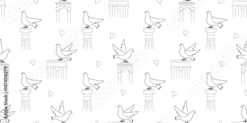 Seamless pattern with doves and classical columns. Line art pattern of pigeons on ancient pedestals. Minimalist outline doves with romantic hearts. Classical architecture and bird seamless design