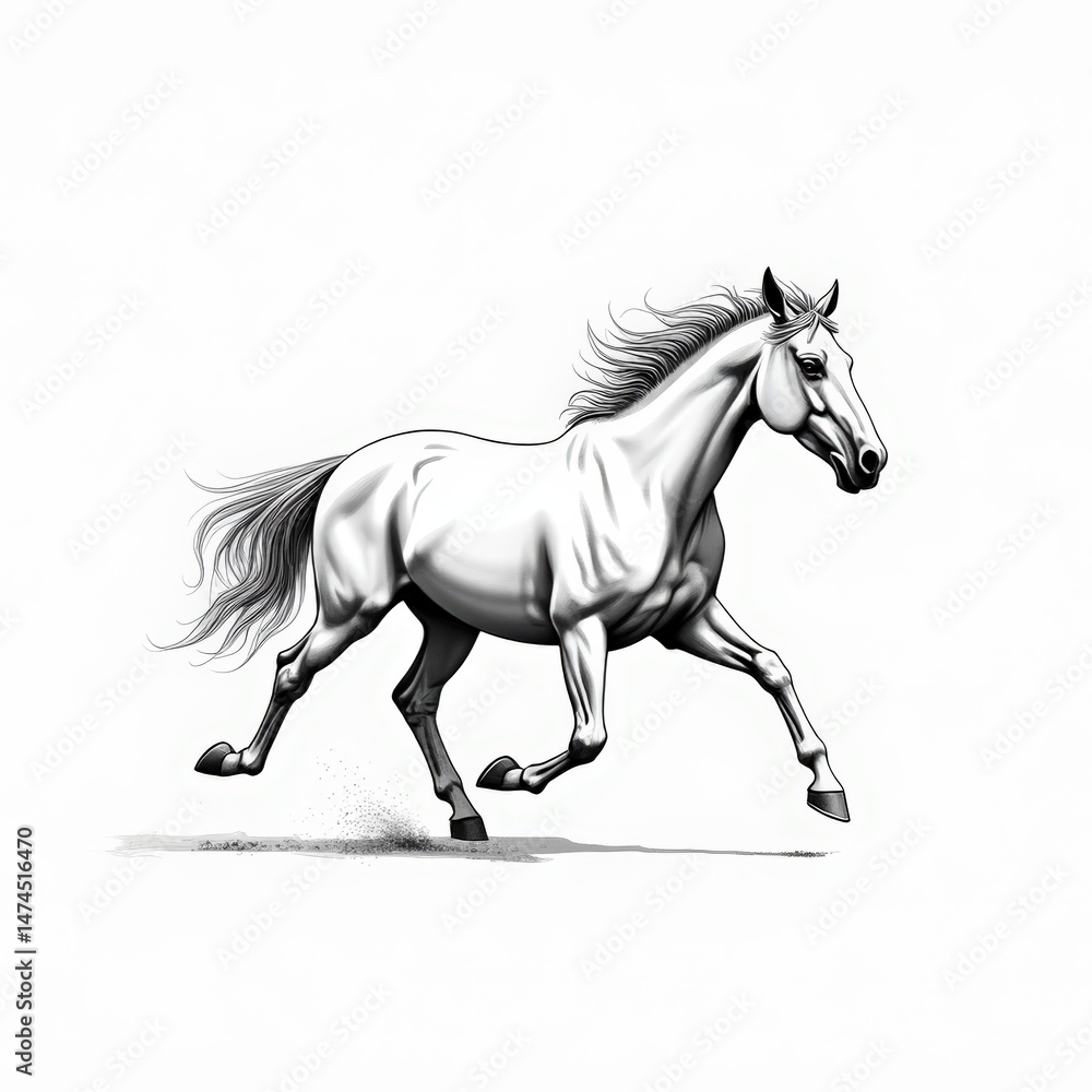 Obraz premium Graceful Running Horse – Realistic Black and White Line Art with Dynamic Movement