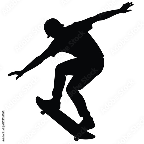 Silhouette shows skillful skater balancing with outstretched arms on a board in midair