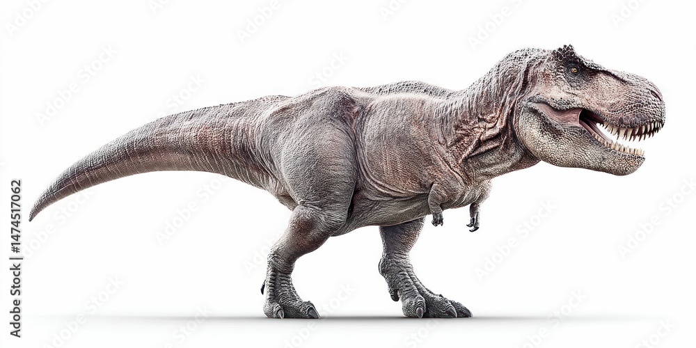 Fototapeta premium A Tyrannosaurus Rex, a large dinosaur, is seen in profile, isolated against a white background.