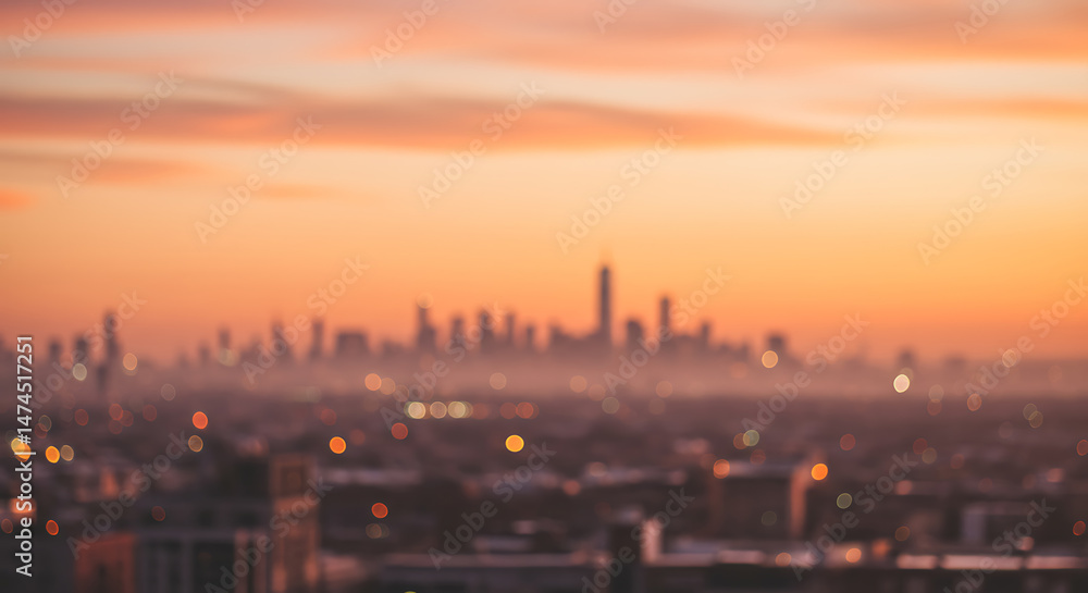 Obraz premium Blurred distant urban cityscape silhouette against a vibrant orange sunset sky with soft clouds, concept for city life, travel destination and real estate marketing