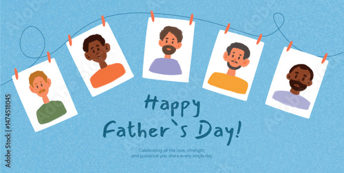 Portraits of diverse men hanging on string with clips. Happy Father's Day text below. Celebration of fatherhood and care. Flat graphic vector illustration for banner, greeting, print design.
