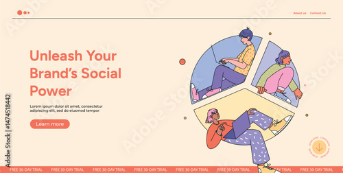 Three Female Characters with Laptops Sitting Inside Circle Segments. Teamwork, Startup Communication and Digital Collaboration. Flat Vector Illustration for Website or Landing Page Banner.