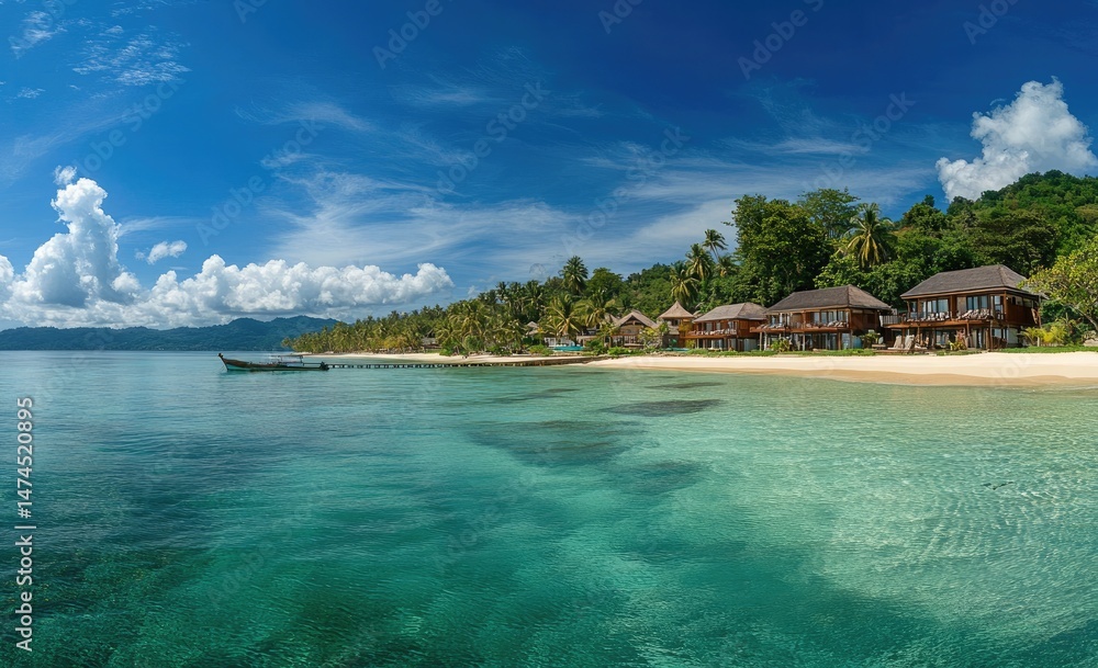 Fototapeta premium Ocean View Villas Beside Turquoise Sea with Clear Blue Sky and White Sandy Beach