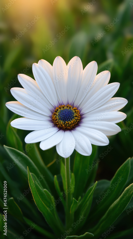 Fototapeta premium A single white African daisy with a blue center is beautifully illuminated by soft sunlight in a lush green garden, showcasing its delicate petals and textures.