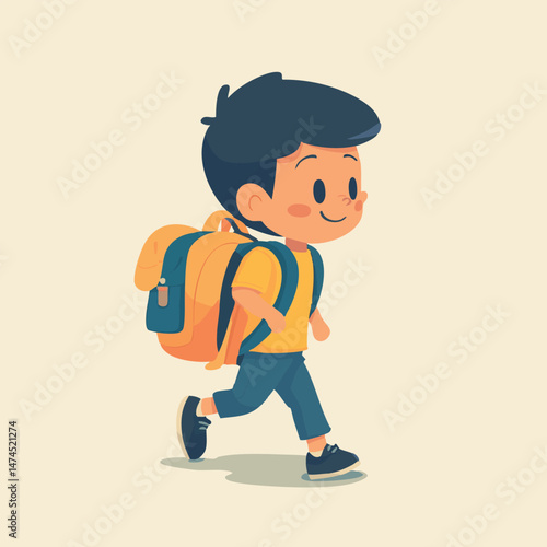 Cute schoolboy with backpack, cartoon student character ready for school, happy child vector illustration