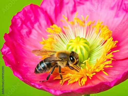 Iceland Poppy Flower with Bee Collecting Pollen - Vibrant Nature Stock Photo