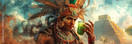 Aztec man with headdress holds fruit pyramid in background digital art.