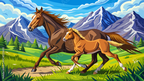  close up portrait A beautiful brown horse and her foal run in the green grass of an open field against the backdrop of blue mountains Very beautiful