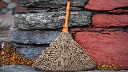Wallpaper Mural A straw broom leaning against a stone wall Torontodigital.ca