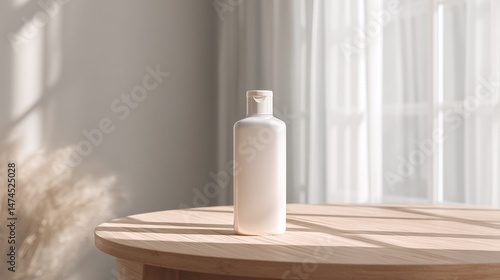 a room with a bottle of liquid soap placed on a wooden table in the foreground