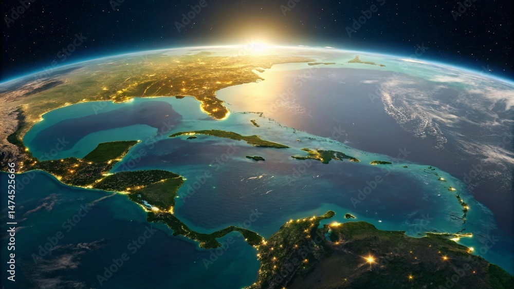 Fototapeta premium The stunning curvature of Earth at dawn or dusk, highlighting Florida, the Gulf of Mexico, and the Caribbean islands, with visible city lights emphasizing human civilization against the vastness 
